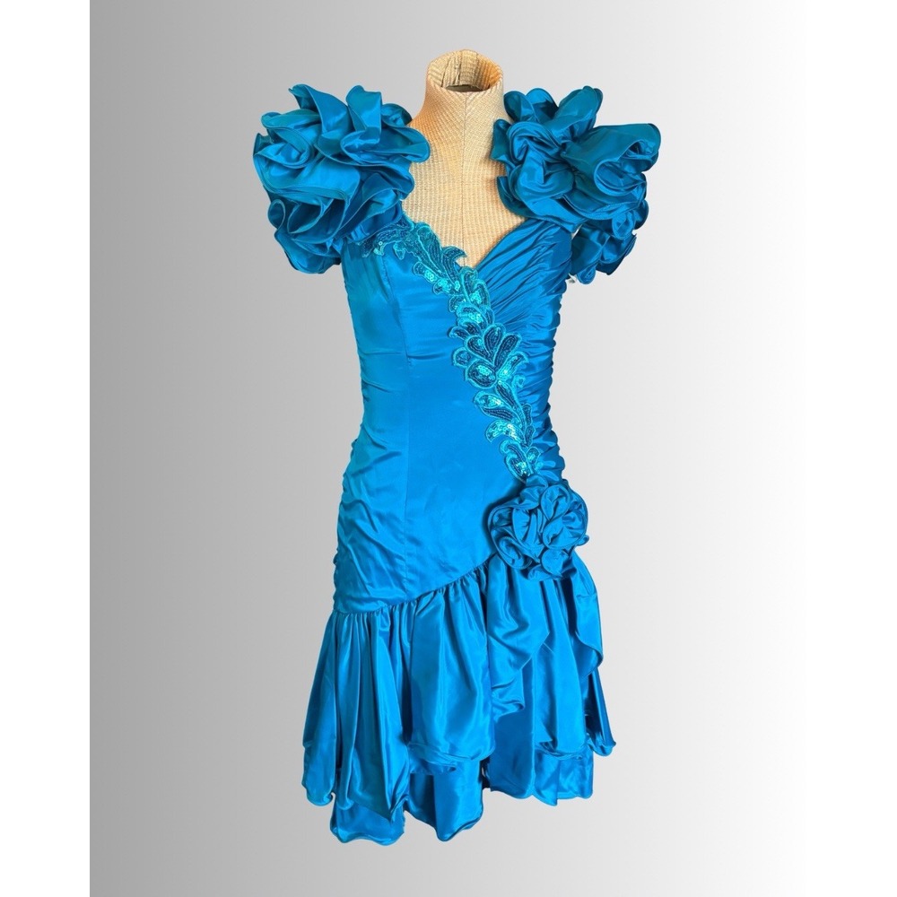 VTG 80s Formal Prom Party Evening Dress Teal Blue B Sequins Poufy Sleeves Size 6